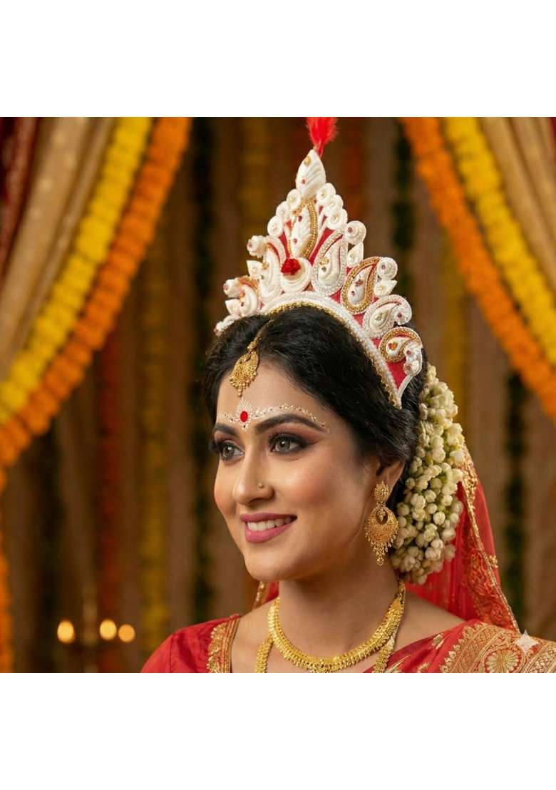 Bengcraft Womens Bengali Bridal Crown Traditional White Red Golden Shola Mukut Hair Accessories for Hindu - Indya