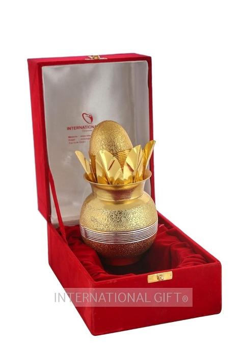 International Gift Gold Plated Brass Mangal Kalash with Coconut 22 CM