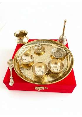 Silverglow Pure Brass Pooja Thali Set 9 Pieces 8 Inch Traditional Puja Samagri Set with Premium Velvet Box