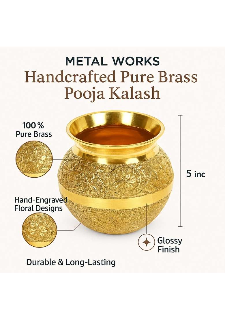 Gold Handcrafted Pure Brass Pooja Kalash for Puja Traditional Temple Use Home Decor - Indya