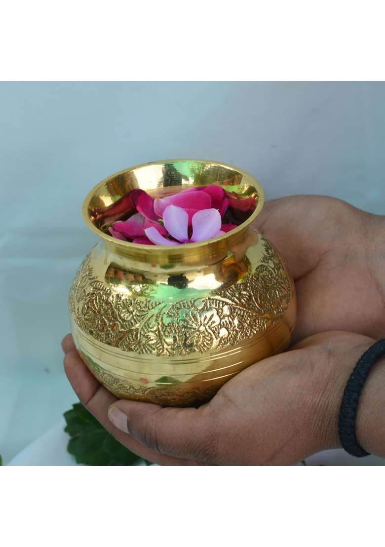 Gold Handcrafted Pure Brass Pooja Kalash for Puja Traditional Temple Use Home Decor - Indya