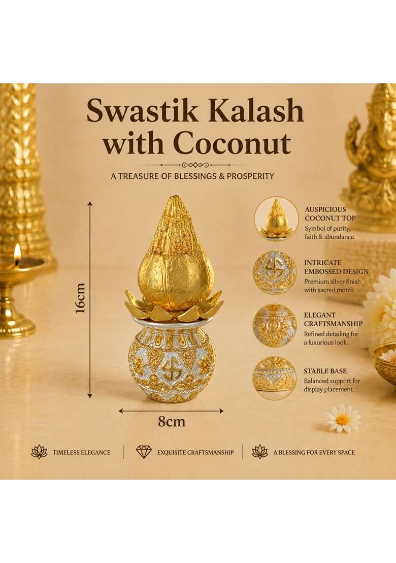 Diviniti 999 Silver and 24K Gold Plated Swastik Kalash with Coconut - Indya