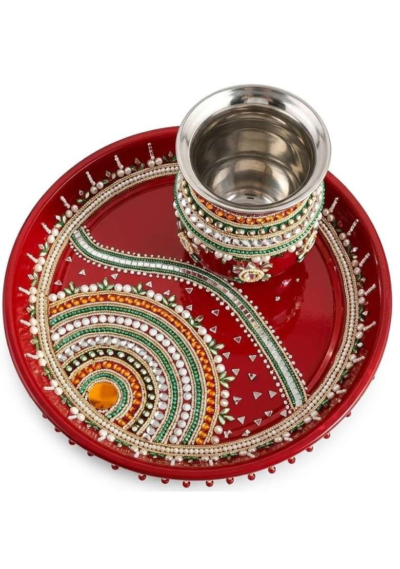 Red Decorative Pooja Thali Set with Kalash and Diya 10 Inch - Indya