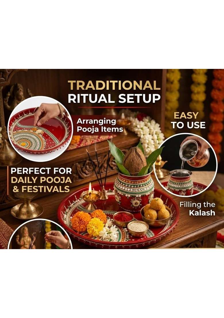 Red Decorative Pooja Thali Set with Kalash and Diya 10 Inch - Indya