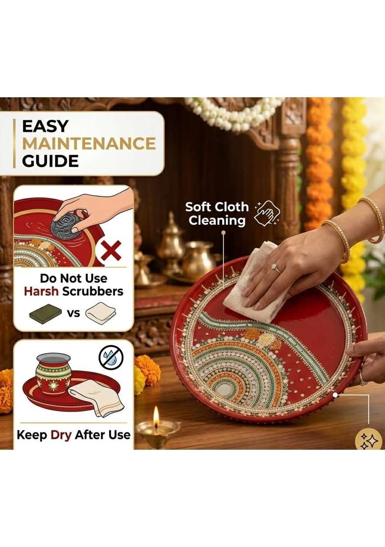 Red Decorative Pooja Thali Set with Kalash and Diya 10 Inch - Indya