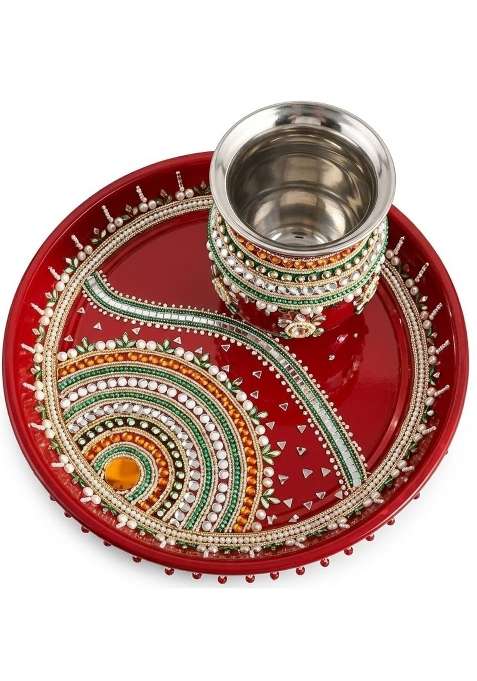 Red Decorative Pooja Thali Set with Kalash and Diya 10 Inch