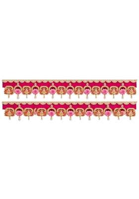 Handcrafted Lotus and Pearl Toran for Main Door Traditional Pink Floral Bandhanwar with Golden Set of 2
