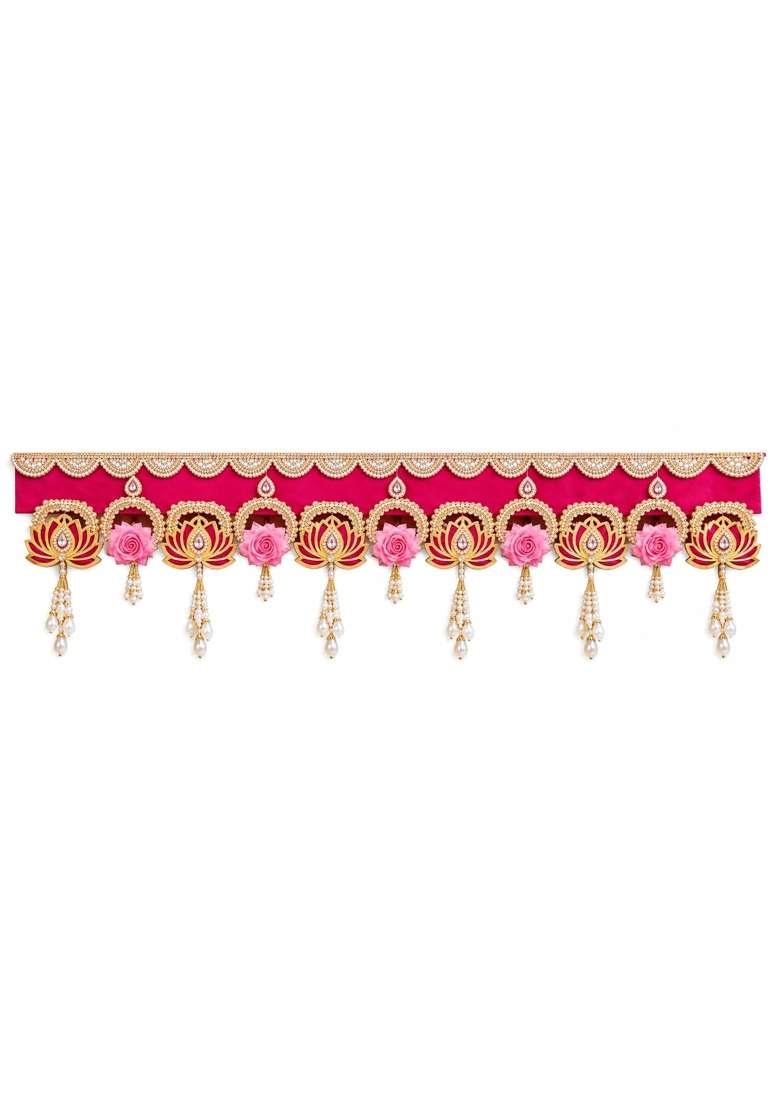 Handcrafted Lotus and Pearl Toran for Main Door Traditional Pink Floral Bandhanwar with Golden Set of 2 - Indya