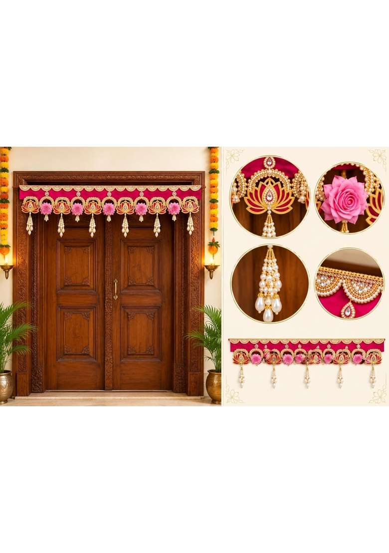 Handcrafted Lotus and Pearl Toran for Main Door Traditional Pink Floral Bandhanwar with Golden Set of 2 - Indya