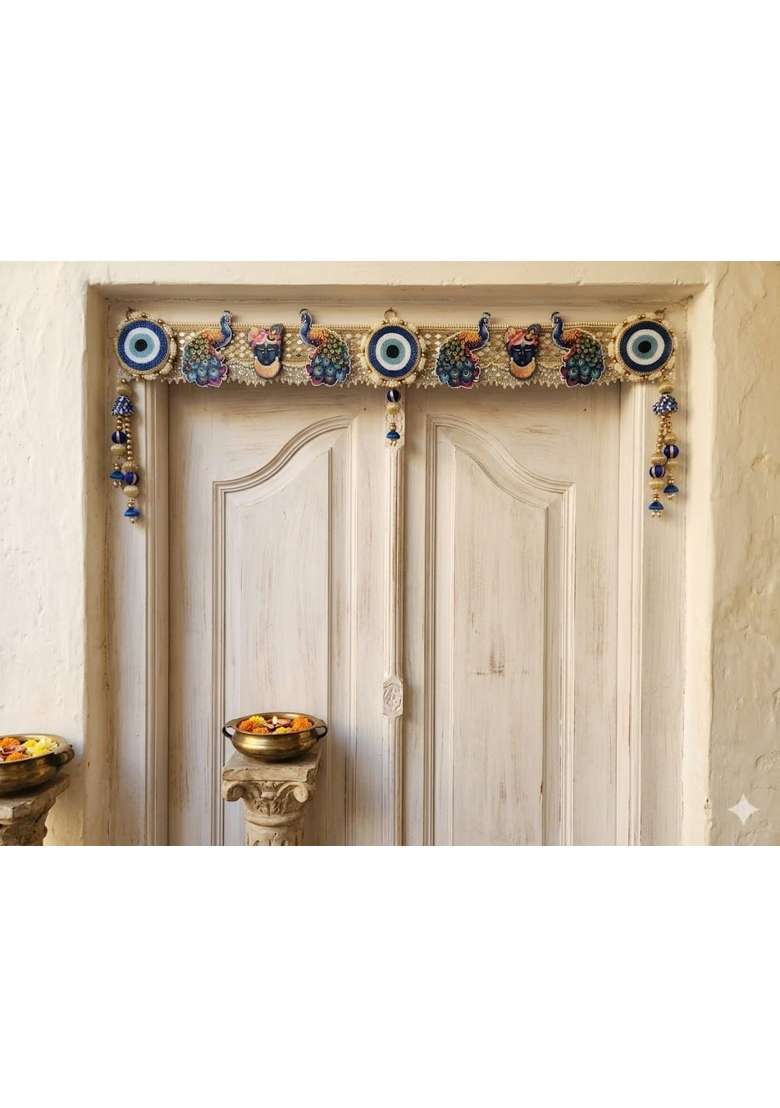 Anishop Blue Premium Handcrafted Shrinathji and Peacock Door Toran Bandarwal with Evil Eye Charms - Indya