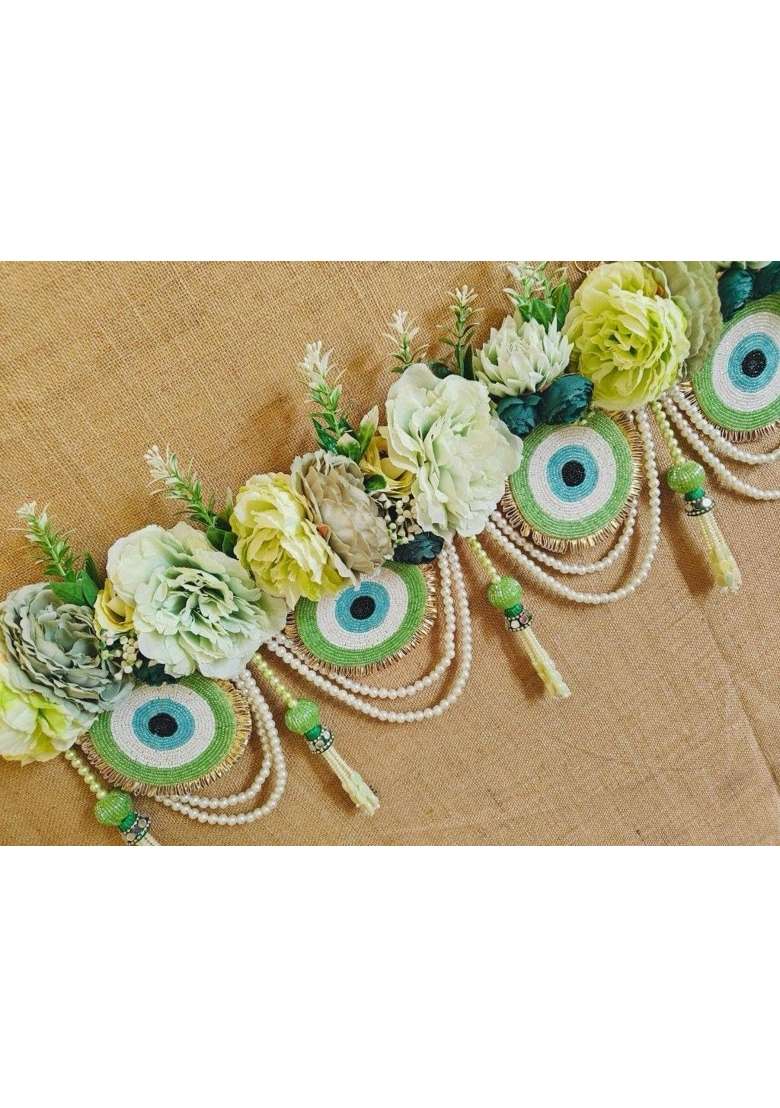 Anishop Premium Handcrafted Green Evil Eye Door Toran Elegant Mint and Sage Floral Bandarwal with Beaded Nazar - Indya