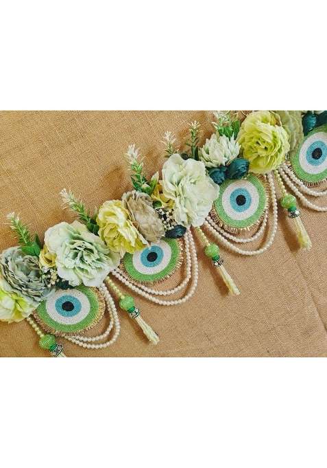 Anishop Premium Handcrafted Green Evil Eye Door Toran Elegant Mint and Sage Floral Bandarwal with Beaded Nazar