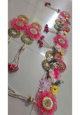Handcrafted Floral Toran Garland Pink and Gold Pearl Beaded String Traditional Indian Door Hanging Decor