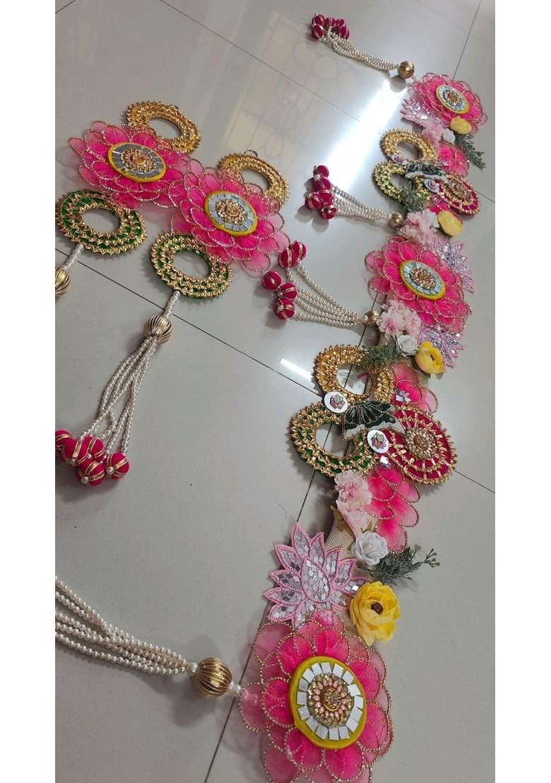 Handcrafted Floral Toran Garland Pink and Gold Pearl Beaded String Traditional Indian Door Hanging Decor - Indya