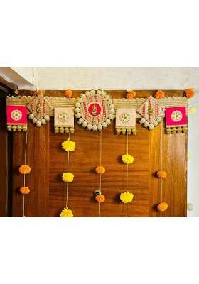 Traditional Indian Toran Door Hanging Gold Pink Marigold Flowers Festival Decoration Handcrafted Fabric