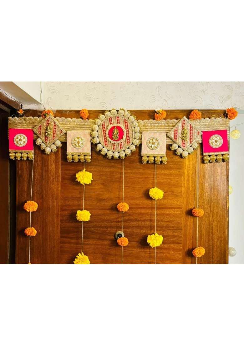 Traditional Indian Toran Door Hanging Gold Pink Marigold Flowers Festival Decoration Handcrafted Fabric - Indya