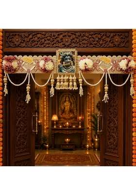 Reptum Decor Decorative Toran with Krishna Frame Artificial Flowers Pearl Beads and Golden Embellishments