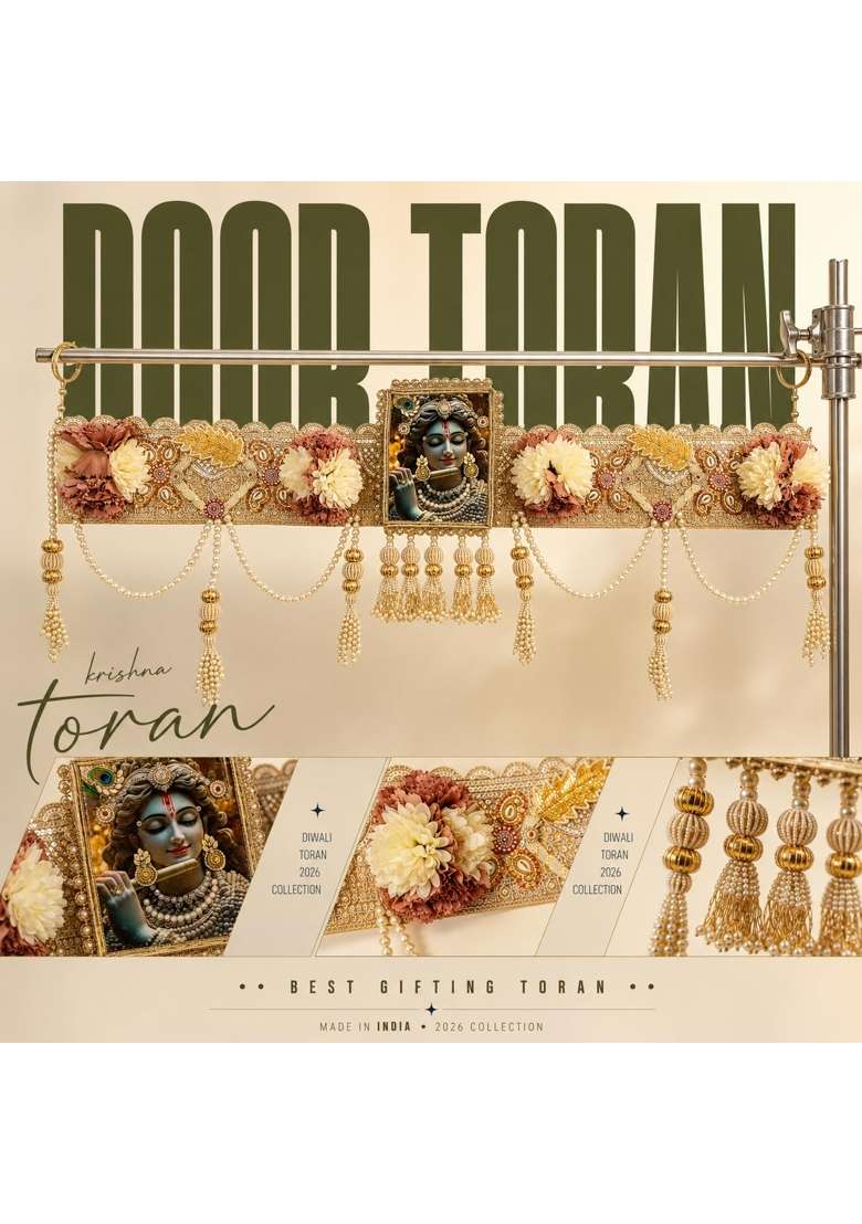 Reptum Decor Decorative Toran with Krishna Frame Artificial Flowers Pearl Beads and Golden Embellishments - Indya