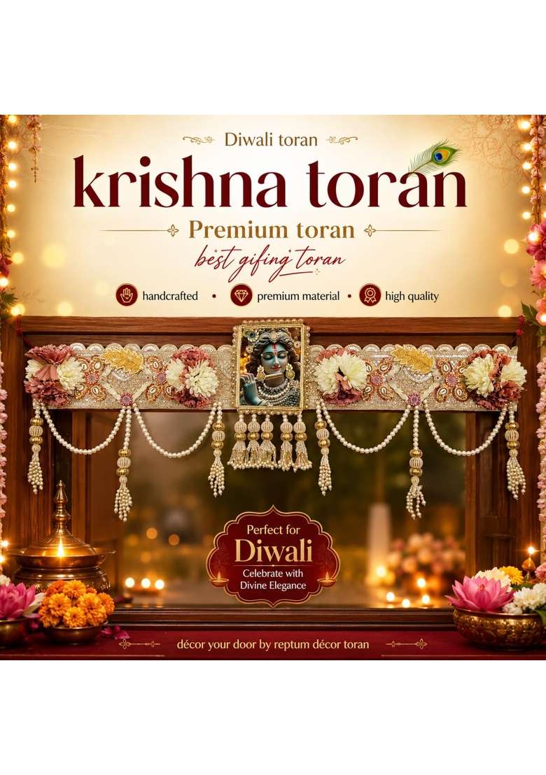 Reptum Decor Decorative Toran with Krishna Frame Artificial Flowers Pearl Beads and Golden Embellishments - Indya