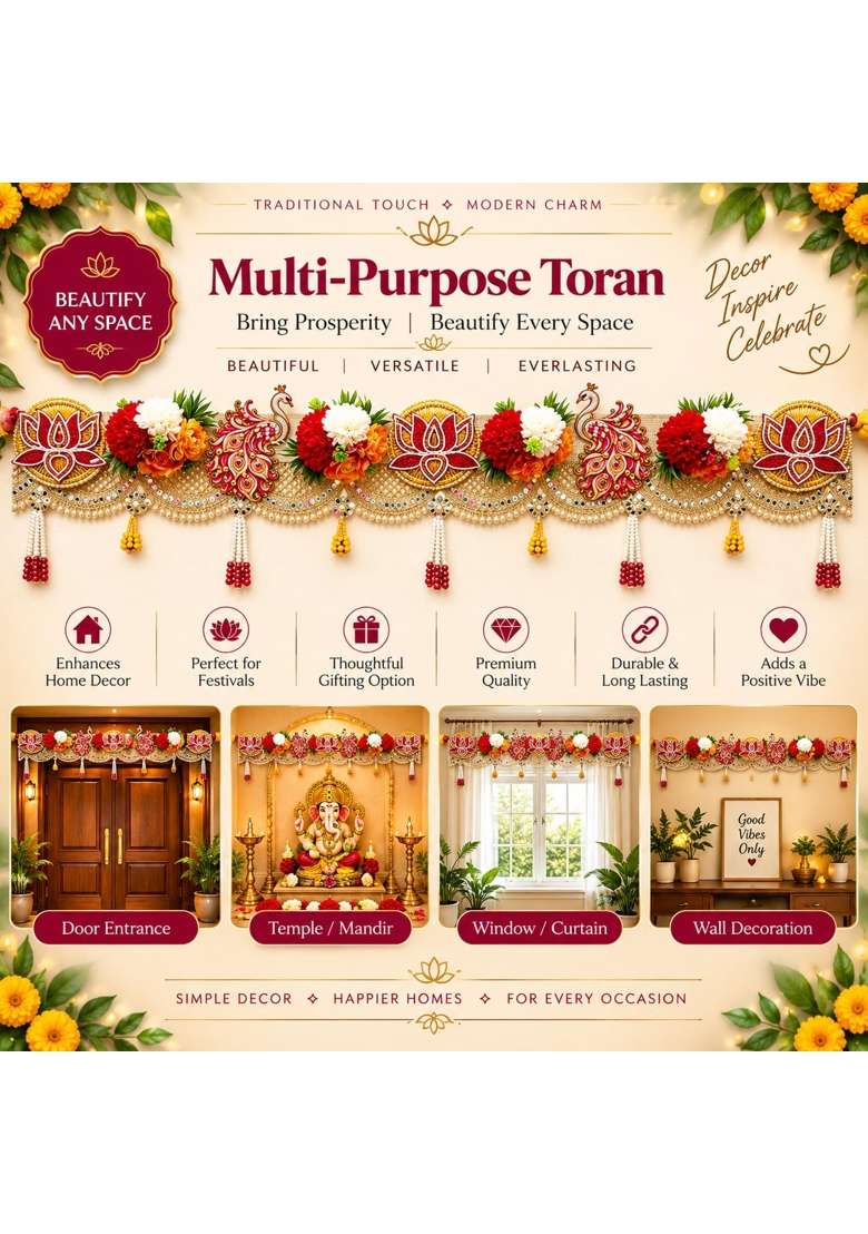 Adikala Red Lotus Peacock Floral Toran Bandhanwar for Door Entrance and Temple - Indya