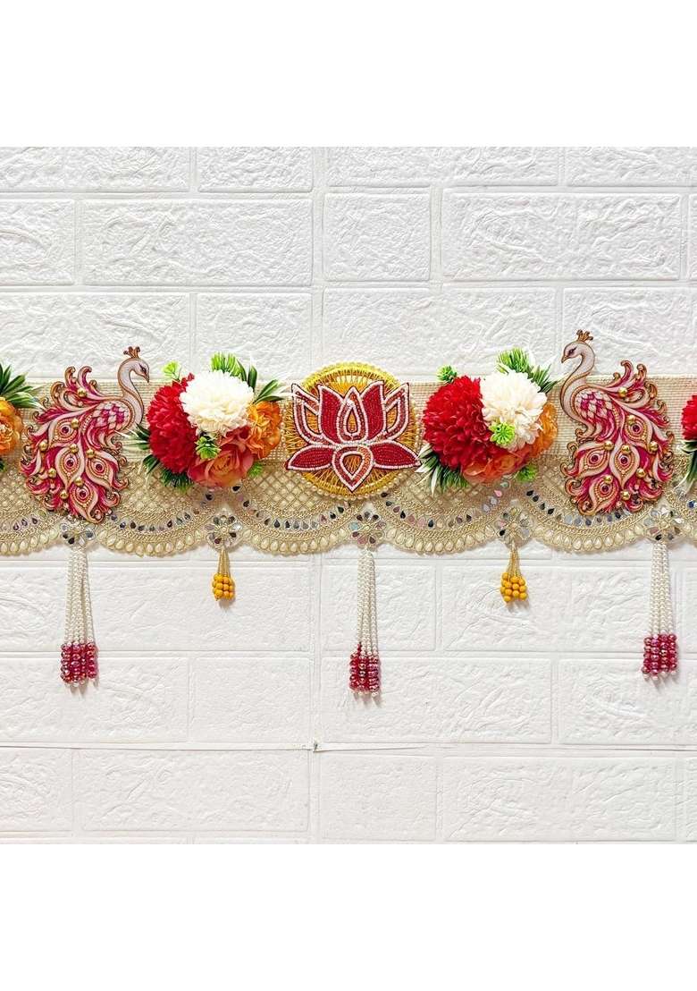 Adikala Red Lotus Peacock Floral Toran Bandhanwar for Door Entrance and Temple - Indya