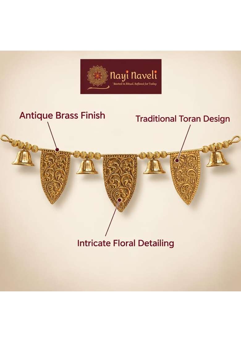 Nayi Naveli Pure Brass Door Toran with Engraved Leaves and 9 Bells 38 Inches - Indya
