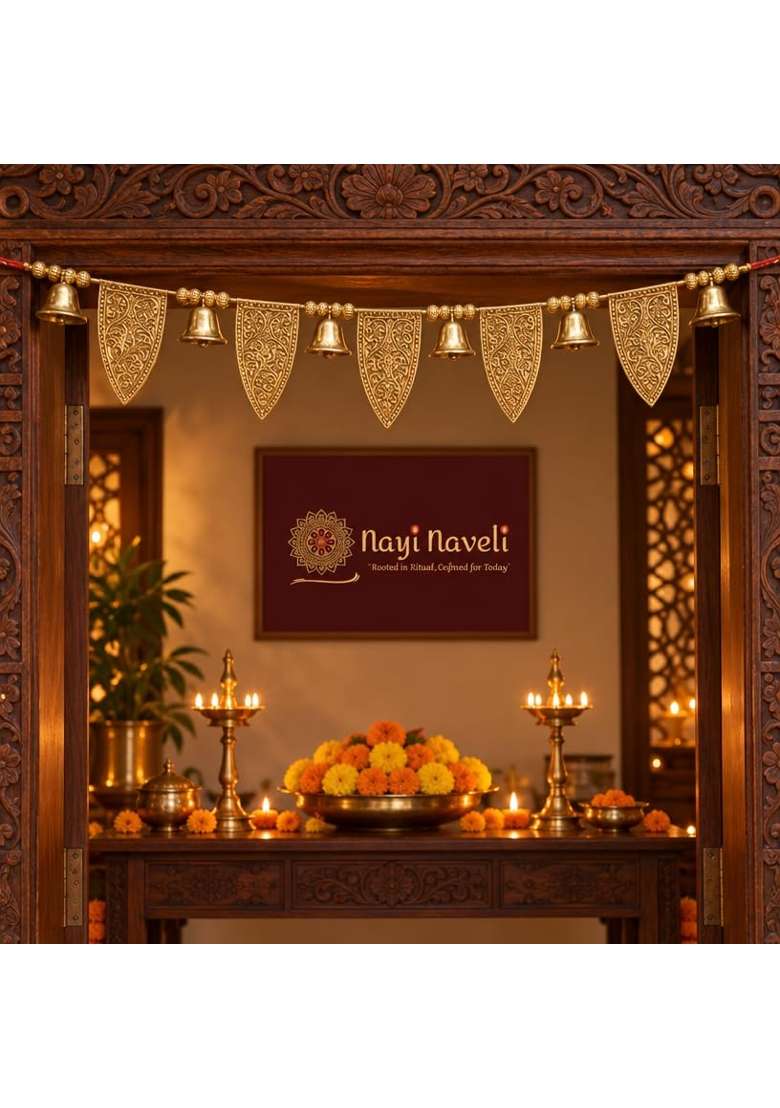 Nayi Naveli Pure Brass Door Toran with Engraved Leaves and 9 Bells 38 Inches - Indya