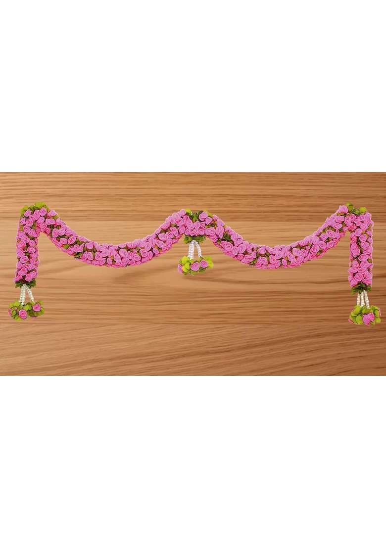Tia Crafts Artificial Rose Door Garland Pink Flower Toran with Hangings Handmade Entrance Decoration - Indya