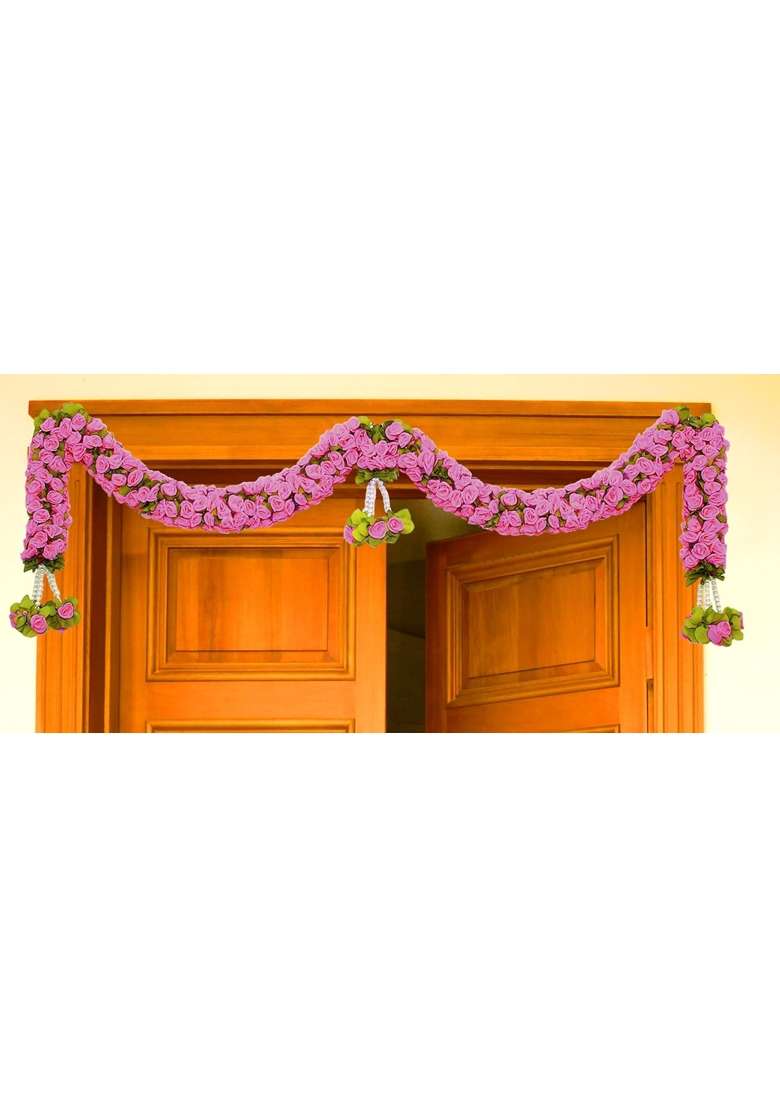Tia Crafts Artificial Rose Door Garland Pink Flower Toran with Hangings Handmade Entrance Decoration - Indya