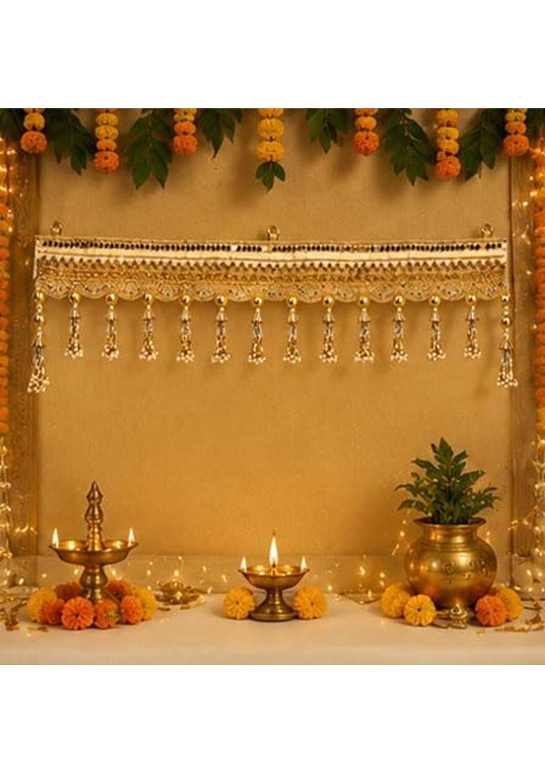 Luxury Golden Door Toran for Main Entrance Pearl Tassel Bandarwal Hanging for Diwali Decoration Wedding Pooja - Indya