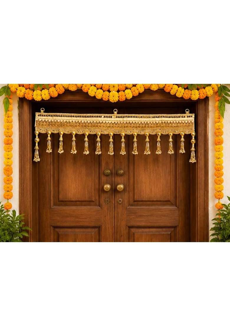 Luxury Golden Door Toran for Main Entrance Pearl Tassel Bandarwal Hanging for Diwali Decoration Wedding Pooja - Indya