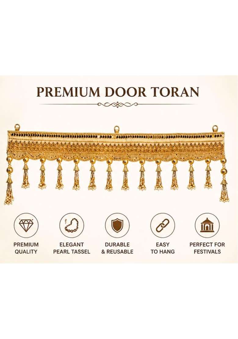 Luxury Golden Door Toran for Main Entrance Pearl Tassel Bandarwal Hanging for Diwali Decoration Wedding Pooja - Indya