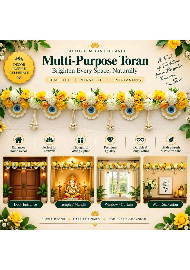 Adikala Yellow Evil Eye Floral Toran Bandhanwar for Door Entrance and Temple - Indya