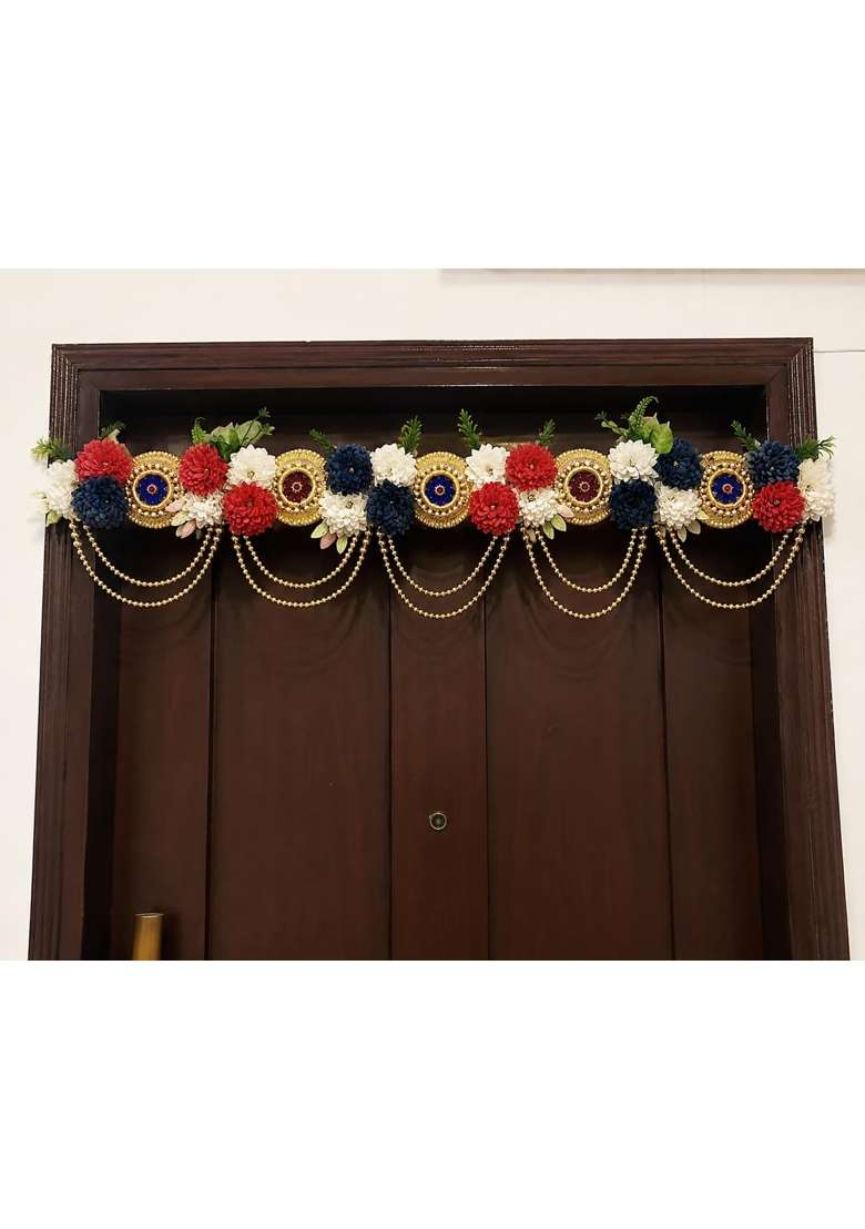 Handmade Peacock and Floral Jute Toran for Main Door Traditional Indian Bandhanwar with Pearl Hangings - Indya