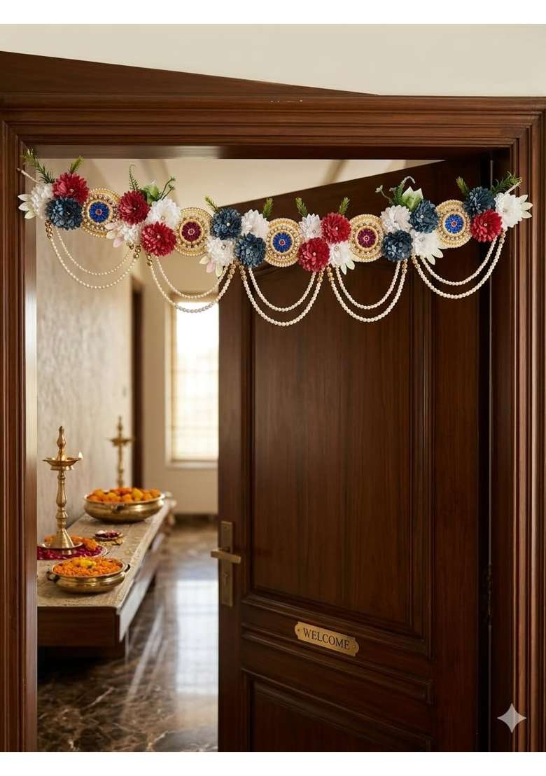 Handmade Peacock and Floral Jute Toran for Main Door Traditional Indian Bandhanwar with Pearl Hangings - Indya
