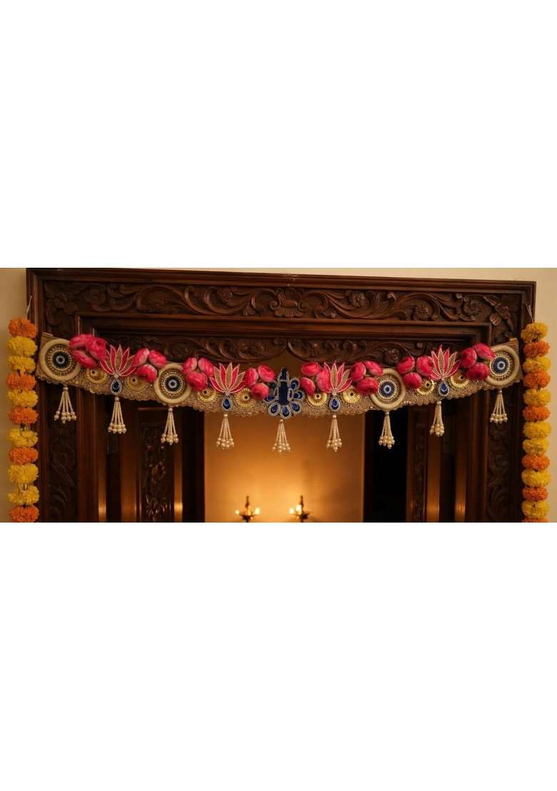 TRIO Enterprises Handcrafted Peacock Figure Pink Lotus Patch Pionoi Flower Toran Door Hanging 39 Inch - Indya