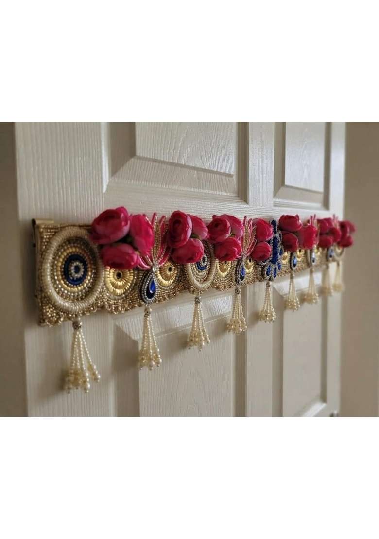 TRIO Enterprises Handcrafted Peacock Figure Pink Lotus Patch Pionoi Flower Toran Door Hanging 39 Inch - Indya