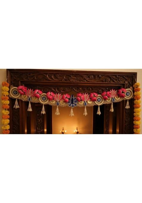 TRIO Enterprises Handcrafted Peacock Figure Pink Lotus Patch Pionoi Flower Toran Door Hanging 39 Inch