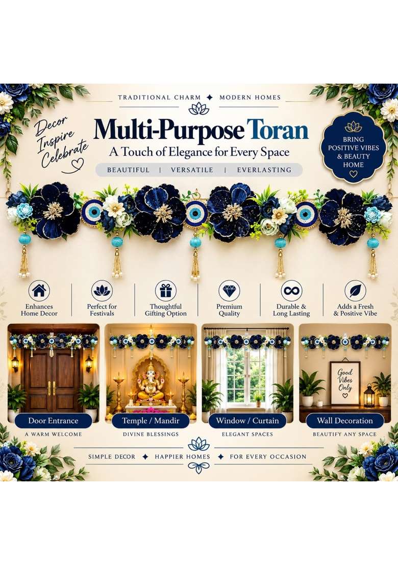 Craft Shop India Floral Toran for Main Door and Mandir 40 Inch Blue Evil Eye Bandhanwar with Flowers - Indya