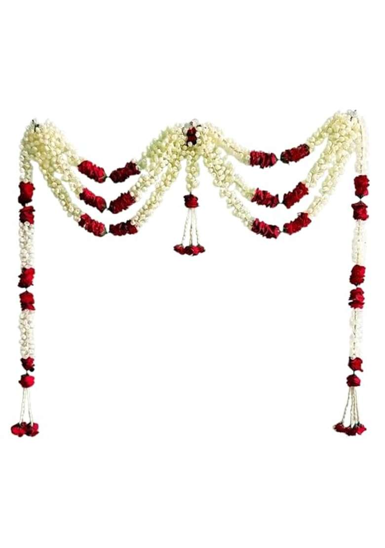 Tia Crafts Traditional Jasmine and Rose Flower Garland Toran for Door Wall Festival Wedding Pooja Decoration - Indya