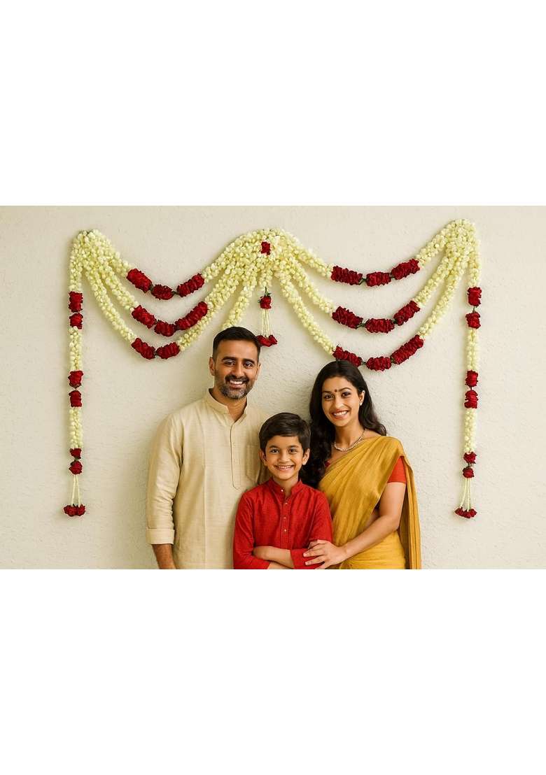 Tia Crafts Traditional Jasmine and Rose Flower Garland Toran for Door Wall Festival Wedding Pooja Decoration - Indya