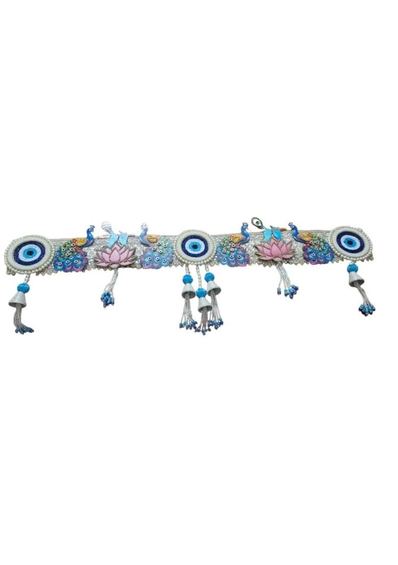 Decorative Door Toran with Evil Eye and Peacock Beaded Hanging Bandarwal with Bells Blue and Pink - Indya