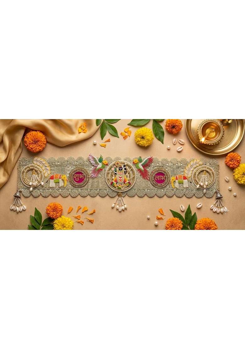 Handmade Door Toran with Shubh Labh and Bells 110x12 CM Shreenath JI 5 - Indya