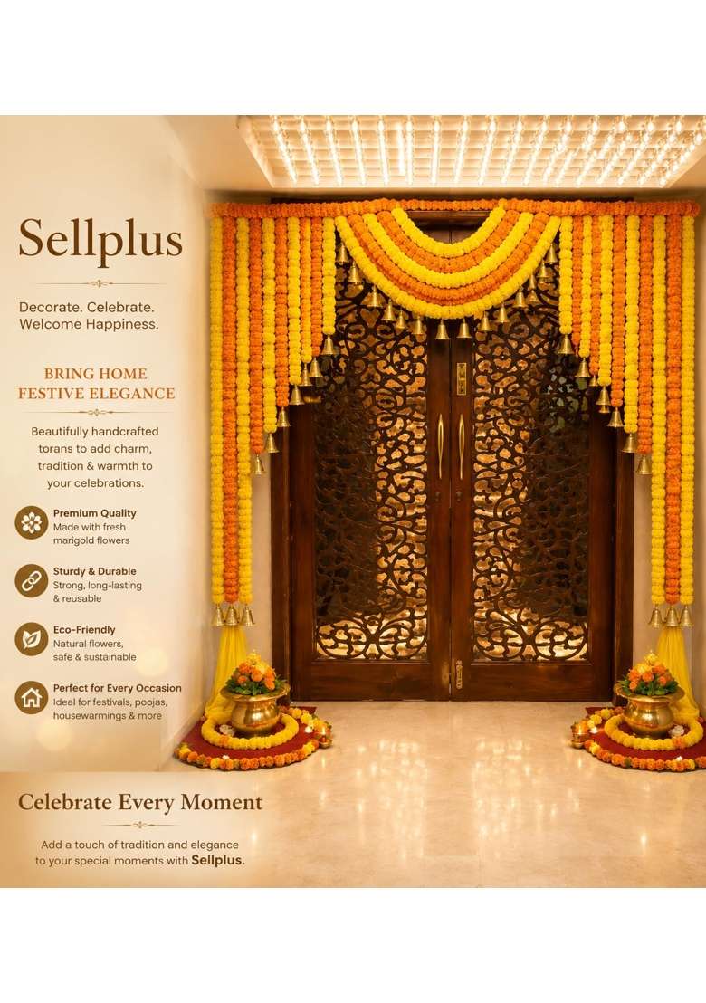 Sellplus Artificial Marigold Genda Flower Beads Decorative Bandhanwar Traditional Door Hanging Toran Pack of 1 - Indya