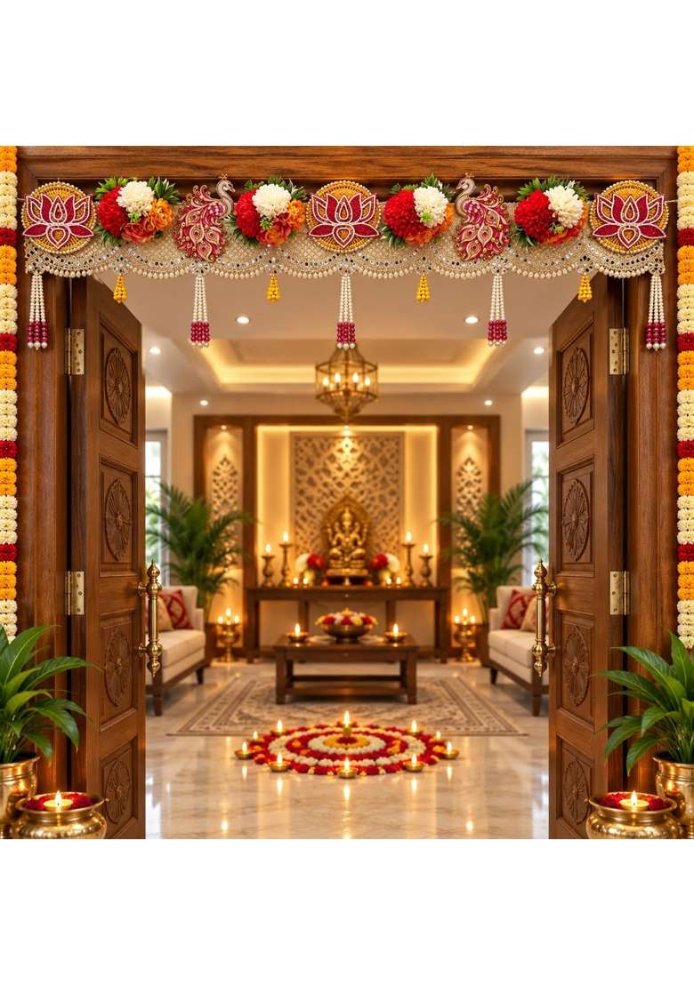 Craft Shop India Peacock Red Lotus Floral Toran Bandhanwar for Door Entrance and Temple - Indya