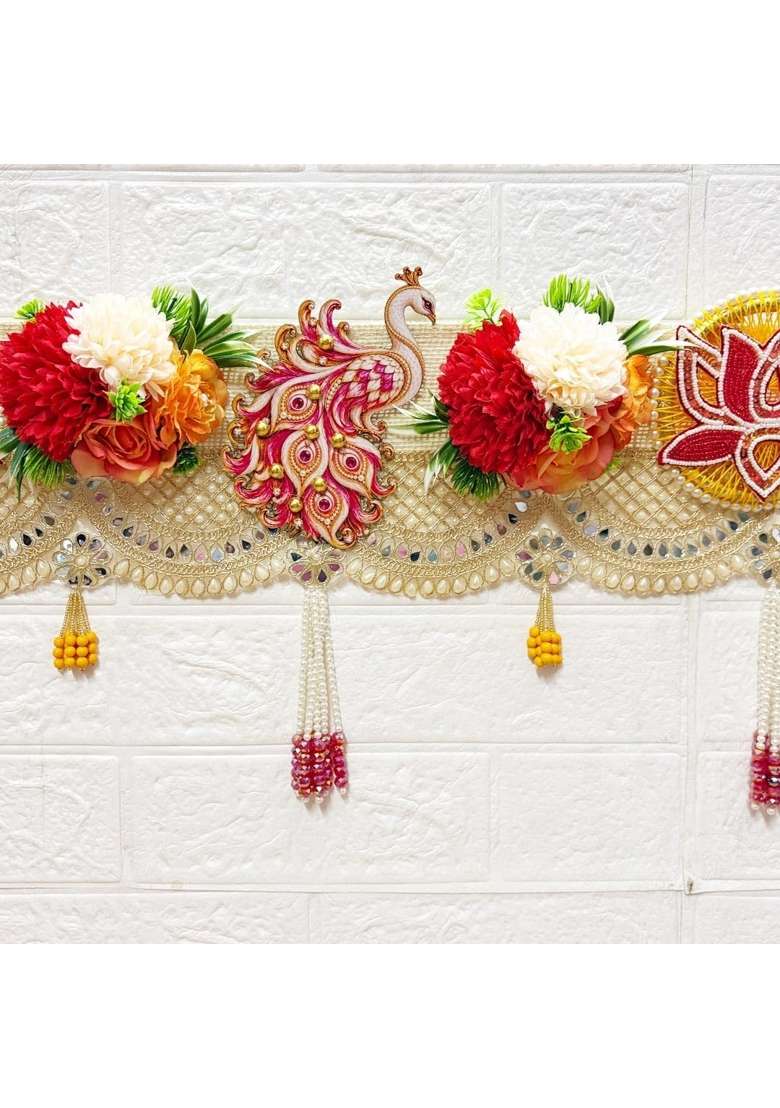 Craft Shop India Peacock Red Lotus Floral Toran Bandhanwar for Door Entrance and Temple - Indya