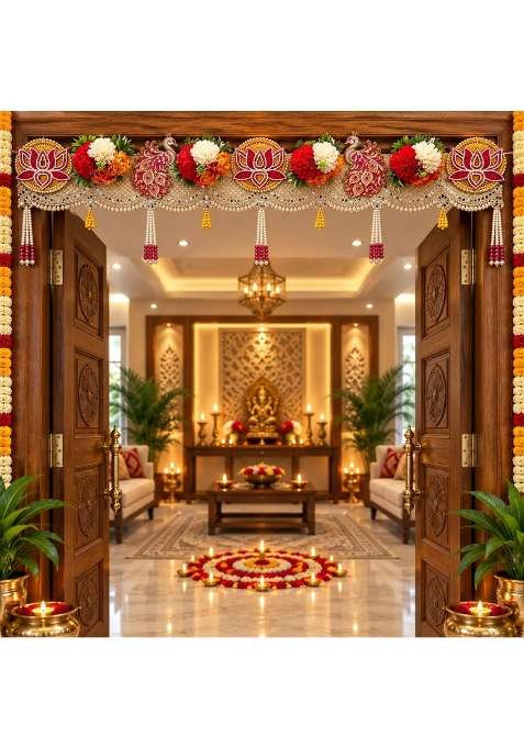 Craft Shop India Peacock Red Lotus Floral Toran Bandhanwar for Door Entrance and Temple