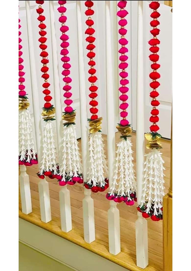 Nutts Handmade Pink Wall Hanging Pom Beads Gota Chakri Rajnigandha Flower with Latkan for Home Pack of 4 - Indya