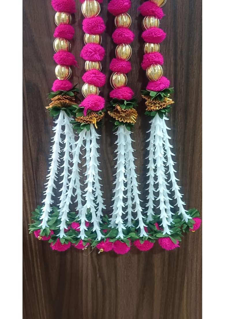 Nutts Handmade Pink Wall Hanging Pom Beads Gota Chakri Rajnigandha Flower with Latkan for Home Pack of 4 - Indya