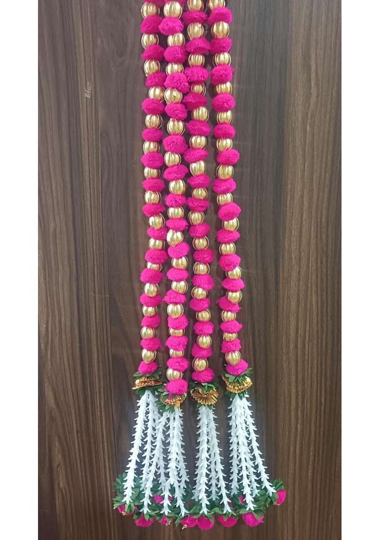 Nutts Handmade Pink Wall Hanging Pom Beads Gota Chakri Rajnigandha Flower with Latkan for Home Pack of 4 - Indya